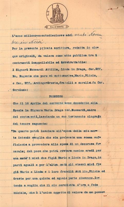 Testamento Maria Drago Nossardi, 20 novembre 1919
