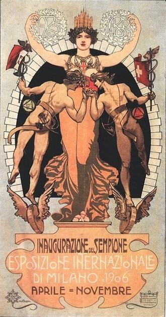 Manifesto liberty celebrante l'inaugurazione ufficiale del traforo del Sempione e della Esposizione Internazionale di Milano del 1906, marzo - aprile 1956, anno IV, n. 2 - p. 55