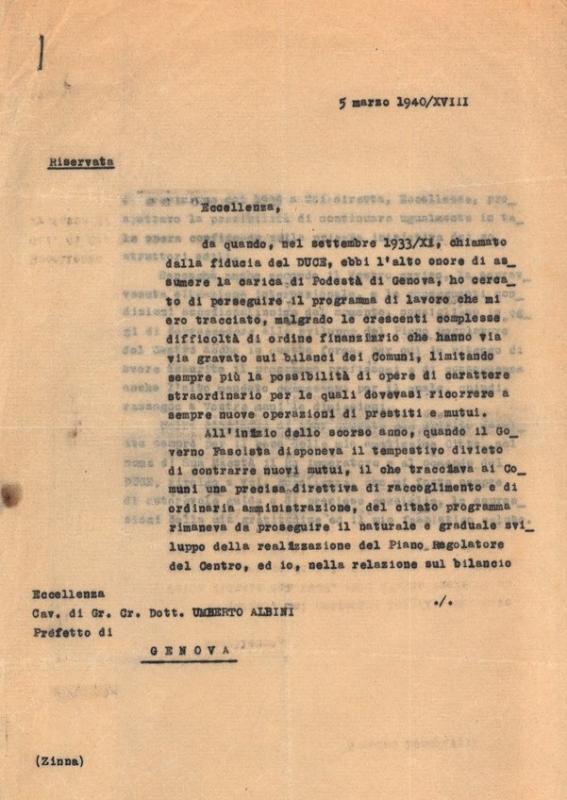 Lettera riservata di dimissioni del Cavaliere Umberto Albini, Podestà di Genova durante il periodo fascista - 1