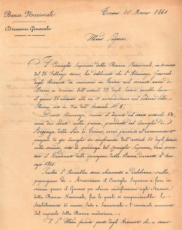 Lettera della Banca Nazionale