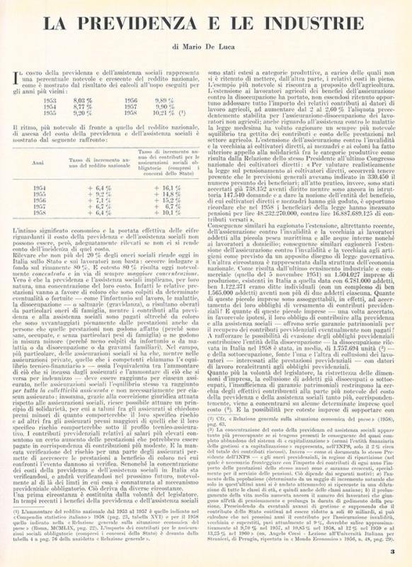 La previdenza e le industrie, di Mario De Luca, luglio - agosto 1959, anno VII, n. 4, p. 3
