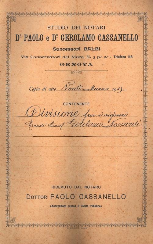 Atto di divisione dei beni di Gerolamo Nossardi, 20 marzo 1913