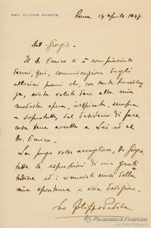 Lettera di Filippo Pedote a Giorgio Parodi - 14 aprile 1948