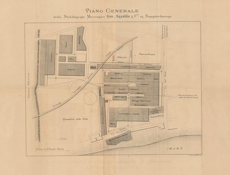 Piantina degli stabilimenti Ansaldo contenuta all'interno del fascicolo a stampa "Les usines Ansaldo des freres Bombrini et les industries mècaniques en italie" di Gian Carlo Daneo