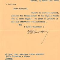 Risposta contenente i ringraziamenti da parte del direttore del Secolo XIX, per l'invito al matrimonio della figlia Fausta con il conte Edilio Raggio