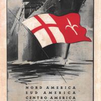 Disegno pubblicitario destinazioni Nord America, Sud America, Centro America, Nord e Sud Pacifico della "Italia" Società di Navigazione - Genova