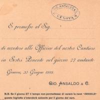 Permesso per accesso alle officine del cantiere di Sestri Ponente o al varo del "Garibaldi"