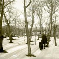 Ludovico Maria Chierici e il cane Lion nella neve (taglio)