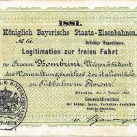 Carta ferroviaria per libera circolazione in Baviera Koeniglich Bayerische Staats - Eisenbahnen