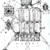 Possibile disposizione degli elementi di un'astronave secondo Von Braun,  gennaio 1954, anno II, n. 1 - p. 59
