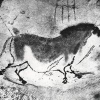 Cavallo dipinto in nero e giallo di età paleolitica circondato da frecce nella grotta di Lascaux (Dordogna), settembre - ottobre 1962, anno X, n. 5, p. 26