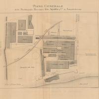 Piantina degli stabilimenti Ansaldo contenuta all'interno del fascicolo a stampa "Les usines Ansaldo des freres Bombrini et les industries mècaniques en italie" di Gian Carlo Daneo